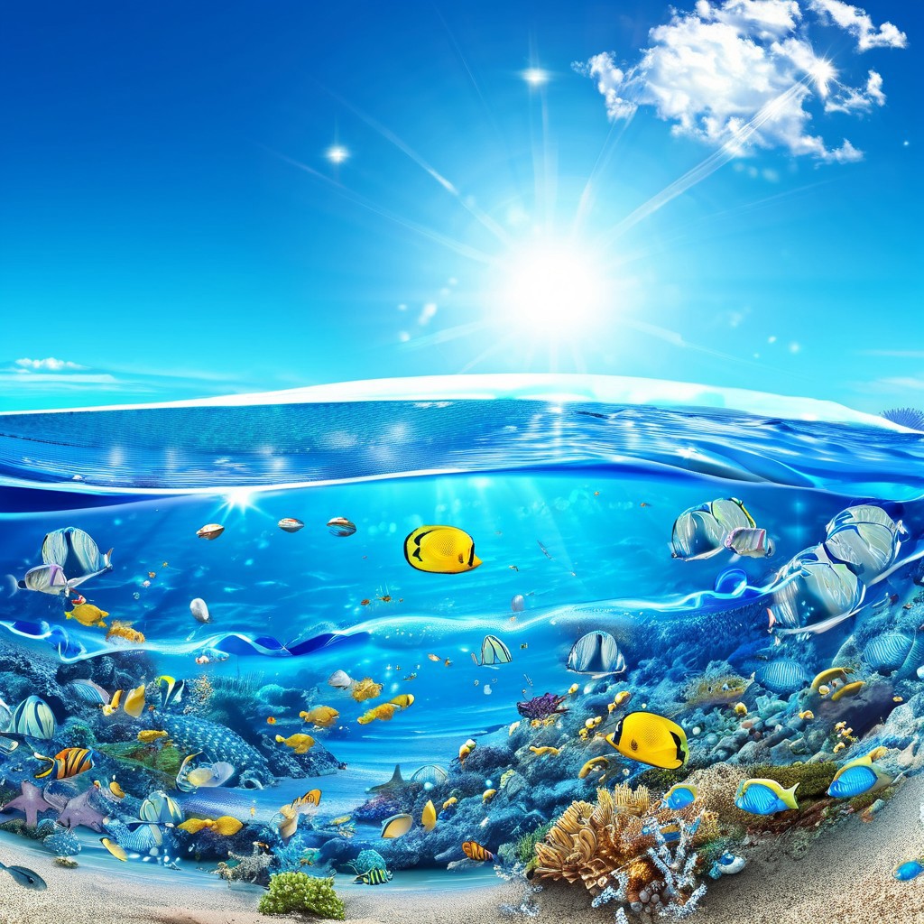 ocean, sea, tropical fishes, globe, beach, sun, sparkles, bokeh, blue sky, clouds, UHD, 8K, high resolution, ultra detailed