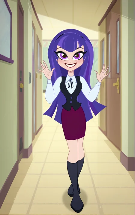 ((score_9)), score_8_up, ((high quality)), ((masterpiece)) BREAK
DCSG Style, ZeeZ, ZeeZ Normal, Purple Hair, Purple eyes, long hair, boots, vest, collared shirt, neck ribbon, blunt bangs, looking at viewer, smiling, good anatomy, five fingered hands, school hallway, waving, full body<lora:DC_Superhero_Girls_2019:0.8>,<lora:pony_good_hands:0.8>
