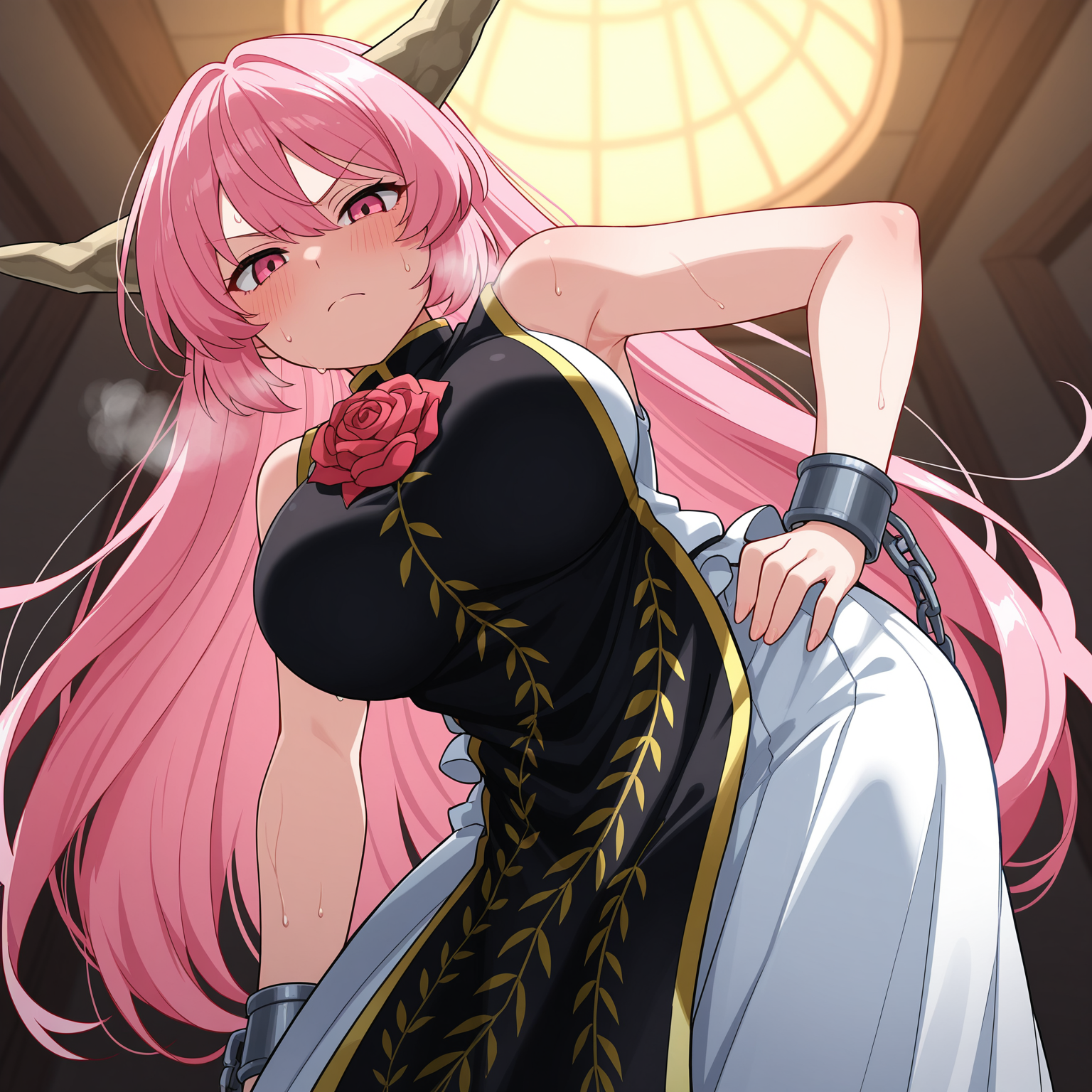 masterpiece, best quality, amazing quality, anime screencap, 1girl, solo, standing, cowboy shot, from below, leaning forward, hand on own hip, looking at viewer, serious, blush, heavy breathing, sweat, <lora:IbarakiDoujiTH:0.9>, IbarakiDoujiTH, pink hair, long hair, pink eyes, horns, large breasts, black tabard, rose, sleeveless white dress, bare shoulders, white skirt, long skirt, black shoes, cuffs,