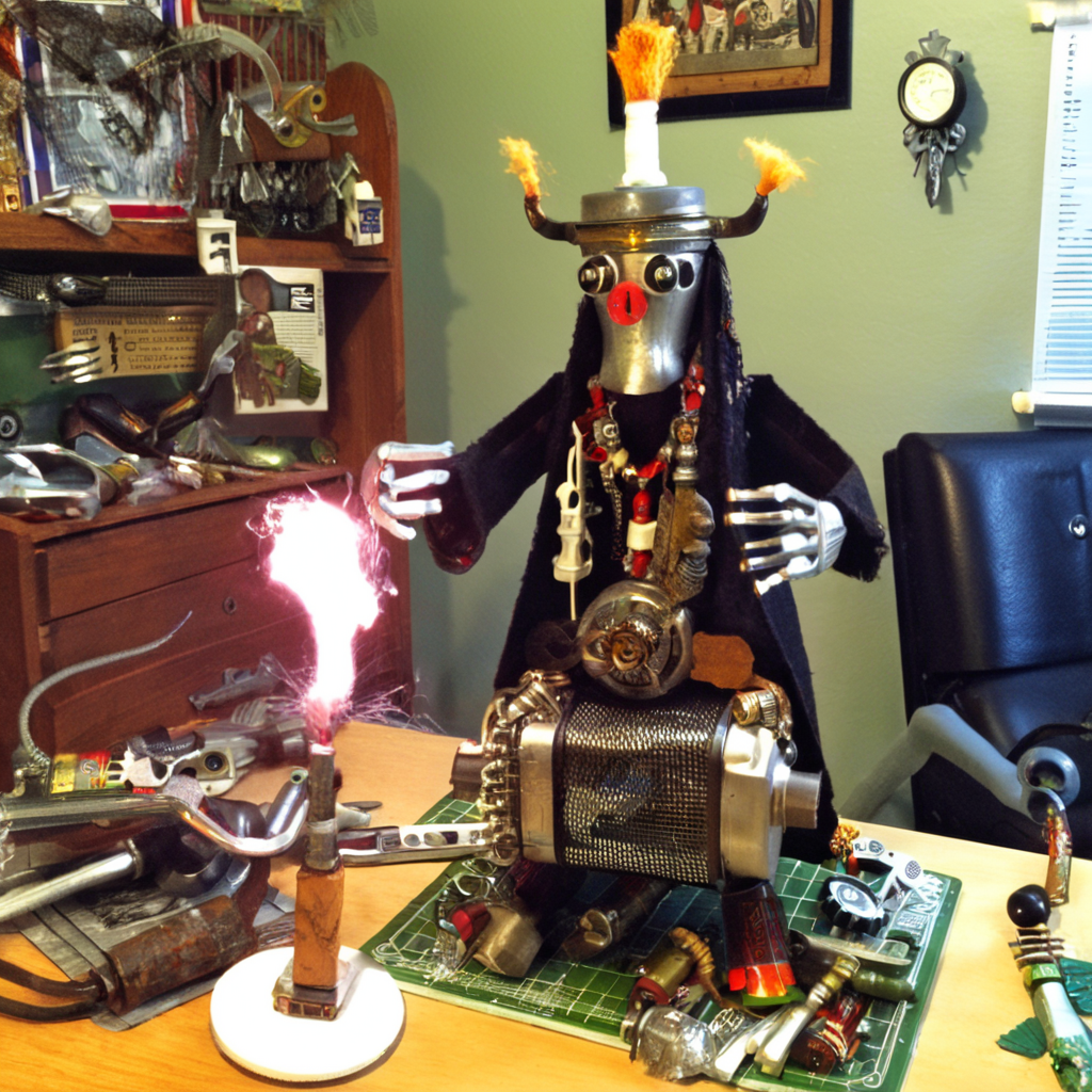 recyclforge shaman in room<lora:recyclforge:1>