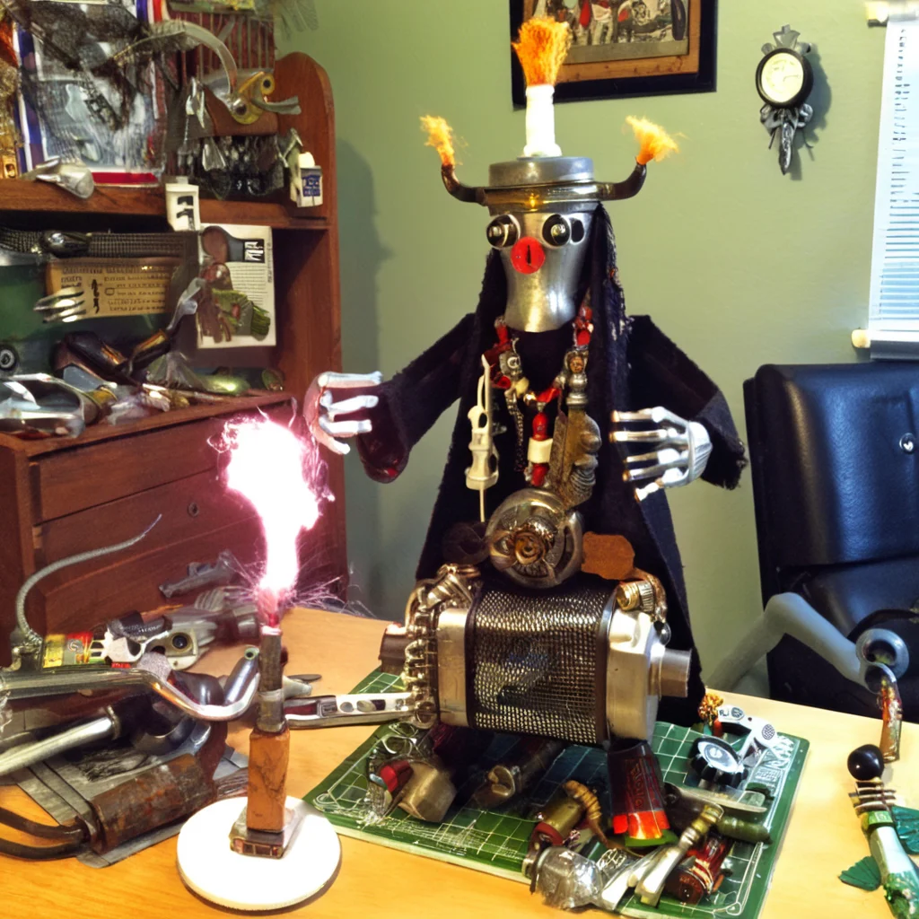 recyclforge shaman in room<lora:recyclforge:1>