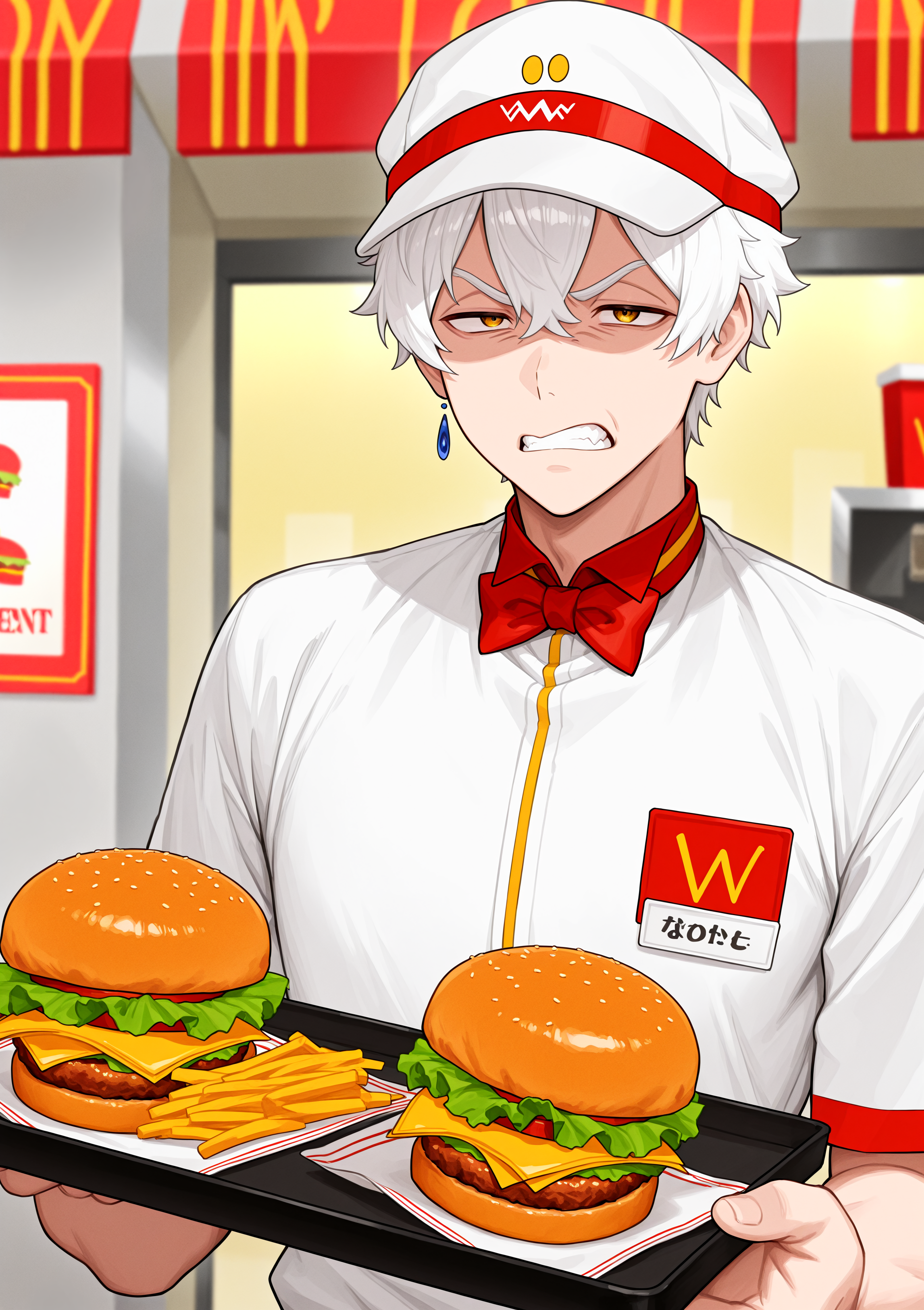 1boy, <lora:regulus_sn46:0.8>, rgls, white hair, blue earring, fast food uniform, red bowtie, white cap, annoyed, holding tray of food, hamburgers, teeth,
fast food restaurant, 
high resolution, ultra-detailed, absurdres, masterpiece, best quality, good quality, newest,