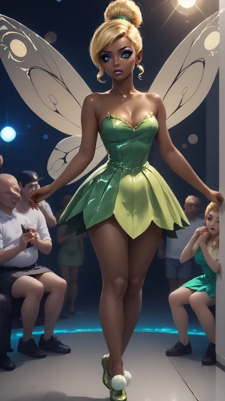 <lora:ManbaXL2:0.8> gyaru, ganguro, yamanba, dark skin, makeup, (facepaint:0.50), <lora:tinkerbellPonyXL_character:0.8> TinkerWaifu, fairy wings, blue eyes, green dress, hair bun, (flying:1.15), <lora:RealisticAnime:0.8> (ultra realistic, 32k, masterpiece:1.2), (high detailed skin:1.1), (high quality:1.1), , bokeh, luminescent background,, score 9, score 8 up, score 7 up, score 6 up, score 5 up, score 4 up, BREAK,