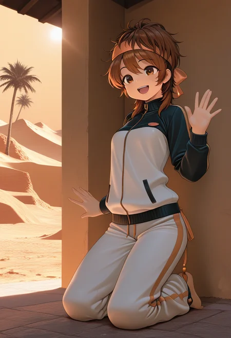 masterpiece, best_quality, amazing_quality, 1girl, solo,momokochar, short_hair, desert oasis with holographic palm trees, kneeling, happy, track_jacket, track_pants,