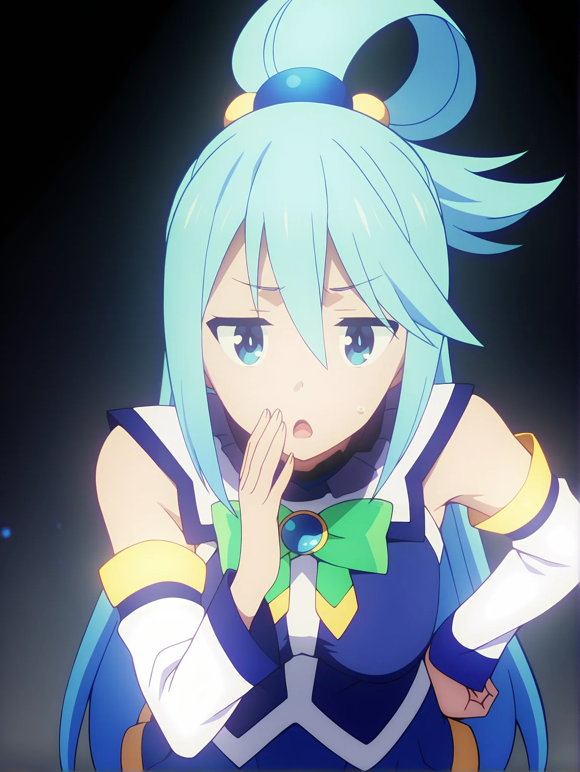 <lora:Aqua:0.8>, aqua, 1girl, solo, blue eyes, long blue hair, ahoge, looped side ponytail, frilled high collar, bare shoulders, detached white sleeves, green chest bow, blue shirt, blue miniskirt, confused, doubtful, open mouth, standing, leaning forward, hand on hip, hand near mouth, looking at viewer, upper body, void, dark background