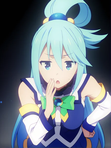 <lora:Aqua:0.8>, aqua, 1girl, solo, blue eyes, long blue hair, ahoge, looped side ponytail, frilled high collar, bare shoulders, detached white sleeves, green chest bow, blue shirt, blue miniskirt, confused, doubtful, open mouth, standing, leaning forward, hand on hip, hand near mouth, looking at viewer, upper body, void, dark background