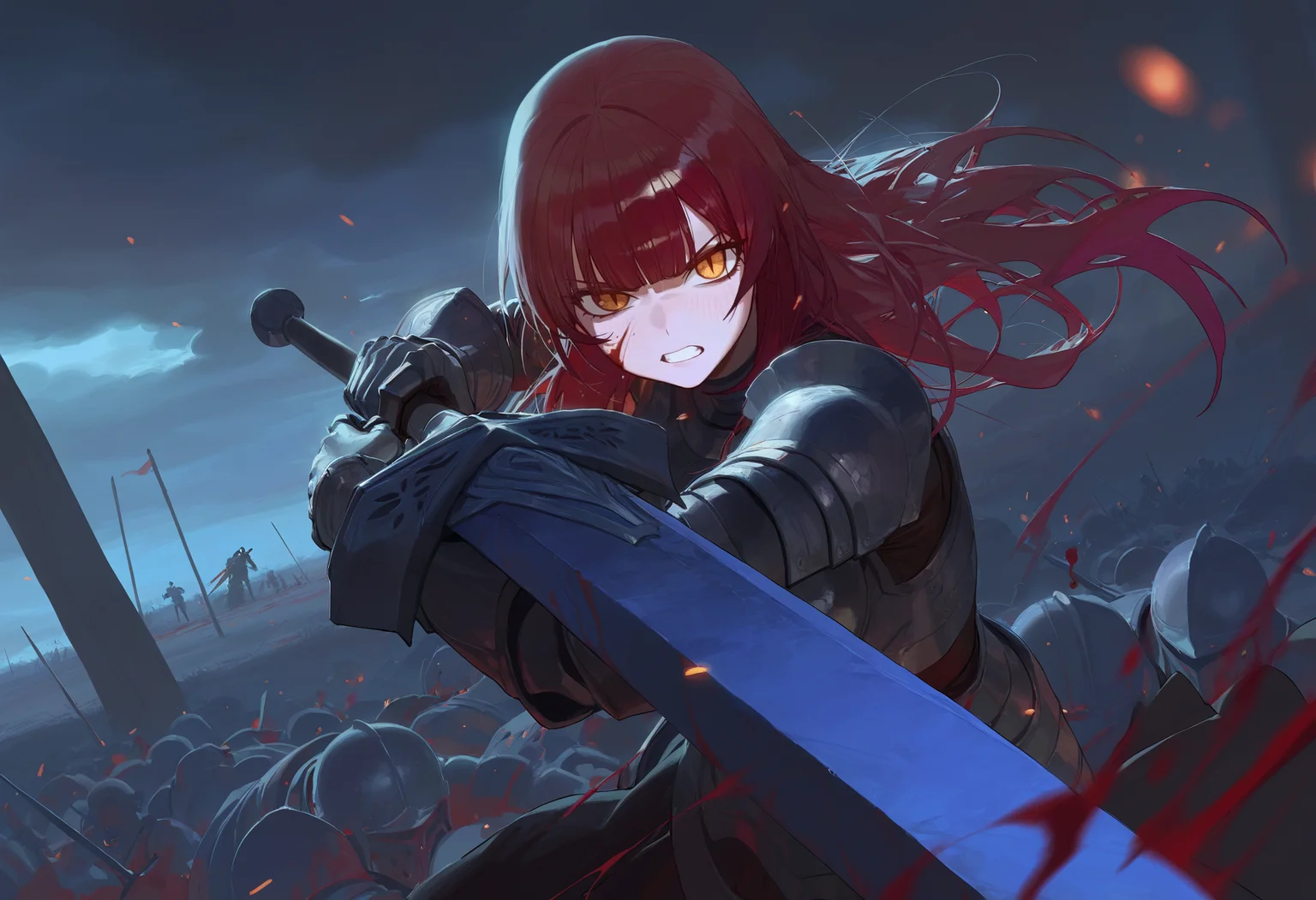 artist:ciloranko,artist:modare,artist:diyokama,
best quality, amazing quality, very aesthetic, absurdres, best quality, masterpiece, newest,
1girl, dark red hair, long hair, blunt bangs, yellow eyes, muscular, medium breasts, frown, angry, clenched teeth, slit pupils, half-closed eyes,
crown, armored dress, full armor, pauldrons, gauntlets, greatsword, holding sword, scar across eye, scar on face, blood on face,
blood on weapon, blood splatter, incoming attack, looking at viewer, red tint, blue theme, Cinematic Lighting, light particles, dark theme, foreshortening, motion blur, grasslands, battlefield, smoke, pile of corpses, fireball, catapult, raining, water, cloudy sky, embers, night, multiple soldier, fighting