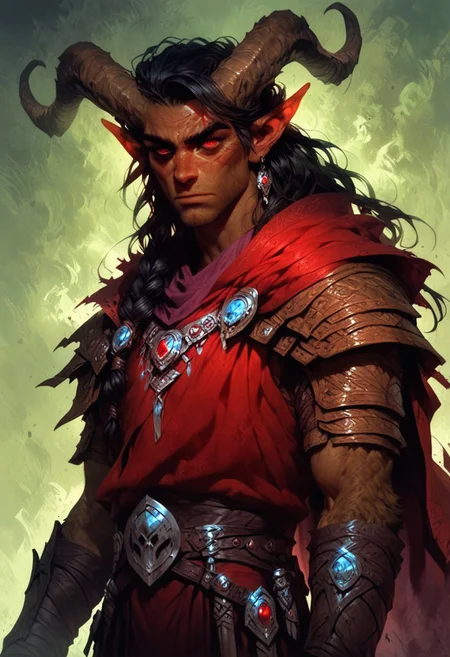 score_9, score_8_up, score_7_up, man, (satyr), simple background, dark background, red eyes, mage, oracle, violet robes, religous outfit, brown skin, horns, brown fur, solo, subtle, mature, standing up straight, calm face, black hair, long hair, closed mouth, cowboy shot, warlock, pagan