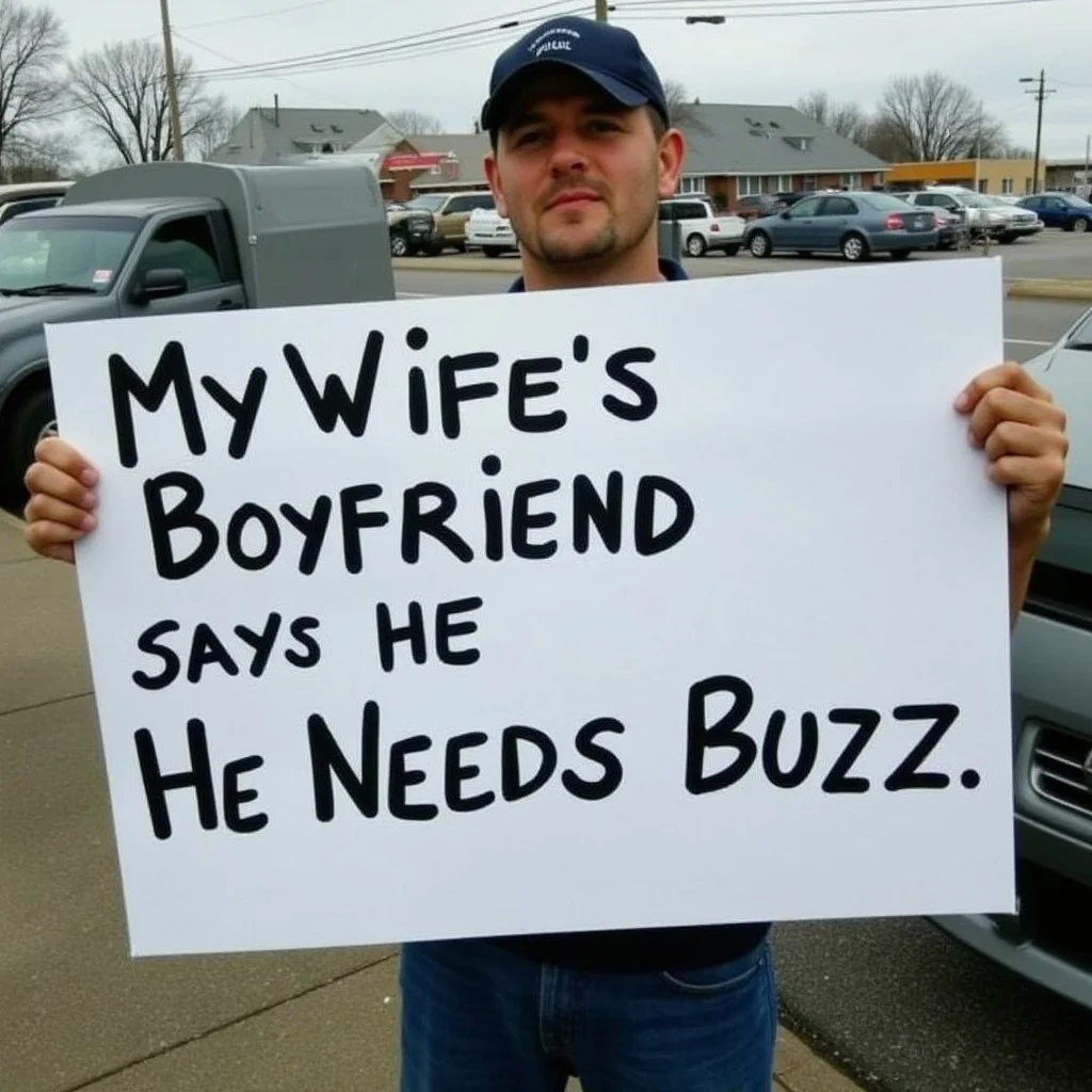 Used Car salesman holding a sign that says: My Wife's Boyfriend says he Needs Buzz