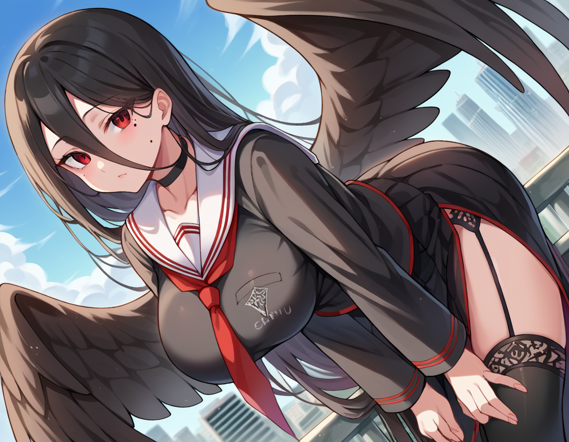 score_9, score_8_up, score_7_up, source_anime,
bluearchivehasumi, <lora:hasumi-hanekawa-ponyxl-lora-nochekaiser:1>,
hasumi, black hair, hair between eyes, long hair, mole, mole on breast, mole under eye, red eyes, wings, black wings, low wings, feathered wings,
black choker, black serafuku, black skirt, black thighhighs, garter straps, long sleeves, pleated skirt, school uniform, serafuku, side slit, skirt, thighhighs, white collar, whie sailor collar,
outdoors, cityscape, bent over,
looking at viewer, dutch angle, cowboy shot,
