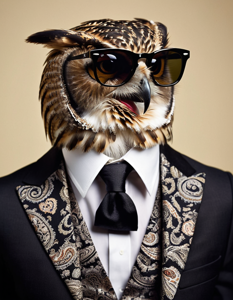 photograph portrait of a owl with a man-bun wearing a black suit with a paisley vest and white shirt and black necktie and wearing black Rayban style sunglasses, open jacket, three-piece suit, evocative, highly detailed, high contrast, 50mm . cinematic 4k epic detailed 4k epic detailed photograph shot on kodak detailed cinematic hbo dark moody, 35mm photo, grainy, vignette, vintage, Kodachrome, Lomography, stained, highly detailed, found footage, High Fashion, portrait of a owl with a man-bun wearing a black suit with a paisley vest and white shirt and black necktie and wearing black Rayban style sunglasses, open jacket, three-piece suit, evocative, highly detailed, high contrast, dynamic, dramatic, haute couture, elegant, ornate clothing, High Fashion, portrait of a owl with a man-bun wearing a black suit with a paisley vest and white shirt and black necktie and wearing black Rayban style sunglasses, open jacket, three-piece suit, evocative, highly detailed, high contrast, sharp focus, candid, intricate, elegant, extremely charming, creative, color spread, background inspired, sublime