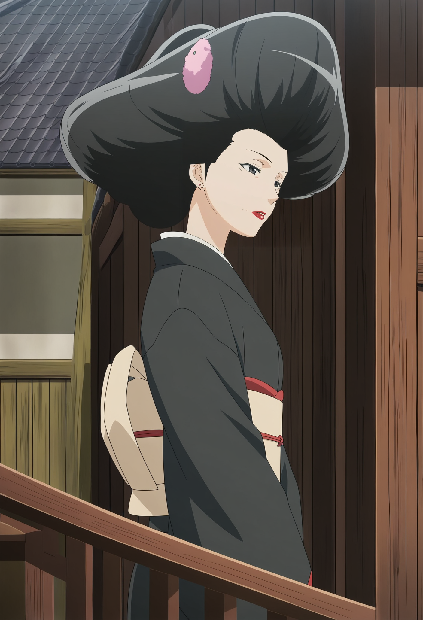 anime screencap,anime coloring,detailed face,masterpiece,best quality,very aesthetic,absurdres,volumetric lighting,official style,amazing quality,ultra detailed,highres,amazing quality,scenery,beautiful detailed hair,beautiful detailed eyes,<lora:Ayasato Kimiko-IL V1:1>,Ayasato Kimiko,1girl,solo,japanese clothes,kimono,black hair,lipstick,makeup,sash,earrings,obi,