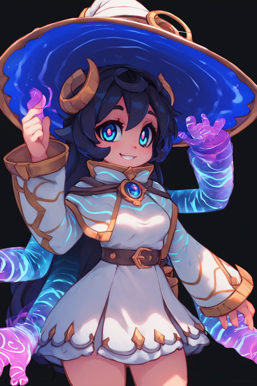 score_9, score_8_up, score_8, medium breasts, (curvy), cute, eyelashes,       BREAK, , ,,,   zzYstra, blue eyes, black hair, long hair,  hat, long sleeves, witch hat, standing, extra arms, black background, dress, blue hair, white dress,  <lora:Ystra_AstralWitch_AlexisPflaum_PDXL:0.8>,  ,,,, BREAK, smile, looking at viewer, cowboy shot, ,,, embedding:zPDXL, Expressiveh, ,,, <lora:Zankuro_Style_PDXL:0.8> <lora:SDXLFaeTastic2400:0.5>, <lora:Expressive_H-000001:0.4>,