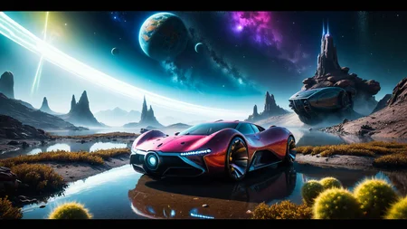 Hyperrealistic art Hyperrealistic art of a (flying hoovercraft sci-fi future sportscar, in the shape of a earth sportscar, in a chameleon stars sky paint that changes colors with the light, passing by at light speed:2.0) (The camera is positioned from the front:1.3), capturing the neon flash and motion trail of the car, (In the background, a futuristic cityscape with towering skyscrapers and neon lights is visible on the horizon, blending seamlessly with a starry sky filled with cosmic art and glowing stars:2.0), The scene is enhanced by motion blur, epic visual effects, interstellar flow, and detailed scifi elements, The dark, vibrant colors of the car contrast with the expansive night sky, illuminated by star blasts and lens flares, The full moon night is stormy, with lightning adding dramatic lighting to the scene, (The overall composition is ultra detailed with a shallow depth of field and a rich, detailed background, rendered in dark noir style with HDR, RAW quality, ray tracing reflections, sharp focus, and ultra realism:2.0),
<lora:dreamcolor:0.3> <lora:style:0.3> <lora:EDG_-_Test_Lora:0.3> <lora:SDXLHighDetail_v5:1> <lora:LowRA:1> <lora:ste4mpunk:1>, (miniplanet:2.0) <lora:small-planet-04:0.8> small floating planet, closeup of planets surface, RAW Proffesional Photography of a landscape, (comet:0.1), (flowers:0.1), (water lilies:0.1), (insects:0.1), (animals:0.1), (birds:0.1), (waterfall:0.1), (Fish in water:0.1),(Tundra:0.1), (Desert:0.1), (Rainforest:0.1), (Mountains:0.1), (Frontal fog:0.1), (Waves:0.1), (Stars:0.1), Sunny, psychedelic, entropy, shallow depth of field detailed background . Extremely high-resolution details, photographic, realism pushed to extreme, fine texture, incredibly lifelike