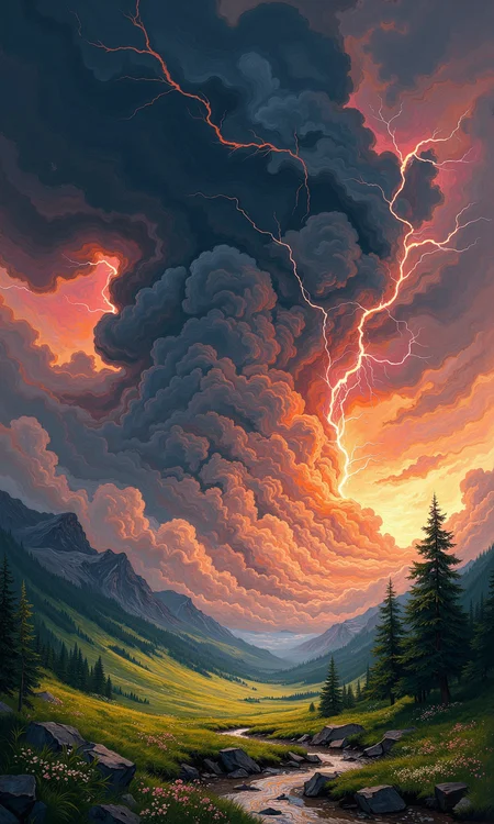 A breathtaking landscape painting, likely digital art, portrays a dramatic storm with vibrant colors. 
A massive, dark, turbulent cloud formation dominates the center of the image. Its deep, almost charcoal-colored hues are contrasted by bright, fiery streaks and flashes of lightning in various shades of orange and red. The lightning appears intense and dynamic, suggesting a powerful electrical discharge. 
The cloud formation extends upward, reaching almost to the edges of the image, and its base shows a swirling pattern. 
Beneath the storm, a tranquil valley with a small, meandering stream is visible. Green grass and wildflowers cover the ground, interspersed with small rocky outcroppings. Several coniferous trees, dark green and detailed, stand along the valley's edges, adding depth and framing the scene. 
The colors of the sky, the clouds, and the lightning are vibrant, and the overall impression is one of raw, dynamic energy juxtaposed with a serene natural beauty. The lighting suggests a sunset or sunrise, with soft, warm colors washing over the horizon and the landscape below.
<lora:FLUX-daubrez-DB4RZ-v2:1> DB4RZ, DB4RZ style painting