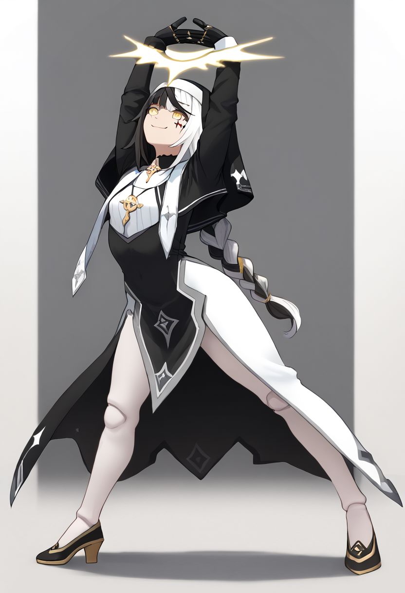 1girl, absurdres, solo, long hair, black hair, streaked hair, two-tone hair, yellow eyes, braid, white hair, multicolored hair, facial mark, braided ponytail, veil, nun, habit, black capelet, asymmetrical gloves, mismatched gloves, white pantyhose, cammystretch, stretching, arms up, doll joints, smile, black footwear, full body
