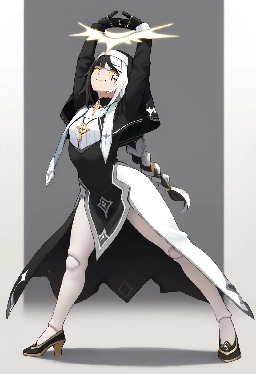 1girl, absurdres, solo, long hair, black hair, streaked hair, two-tone hair, yellow eyes, braid, white hair, multicolored hair, facial mark, braided ponytail, veil, nun, habit, black capelet, asymmetrical gloves, mismatched gloves, white pantyhose, cammystretch, stretching, arms up, doll joints, smile, black footwear, full body