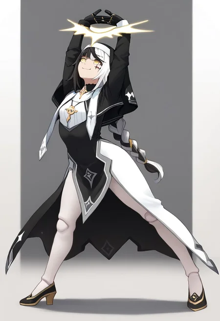 1girl, absurdres, solo, long hair, black hair, streaked hair, two-tone hair, yellow eyes, braid, white hair, multicolored hair, facial mark, braided ponytail, veil, nun, habit, black capelet, asymmetrical gloves, mismatched gloves, white pantyhose, cammystretch, stretching, arms up, doll joints, smile, black footwear, full body