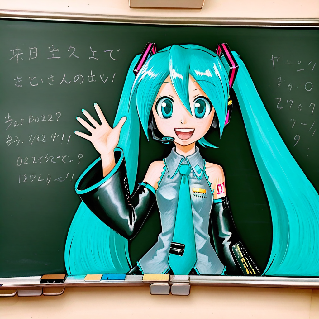 great quality,chalkboard,traditional media,1hatsune_miku, 1girl, solo, twintails,, long_hair, aqua_hair, detached_sleeves, aqua_eyes, smile, shoulder_tattoo, open_mouth, sleeveless, blue_eyes, headset, looking_at_viewer,