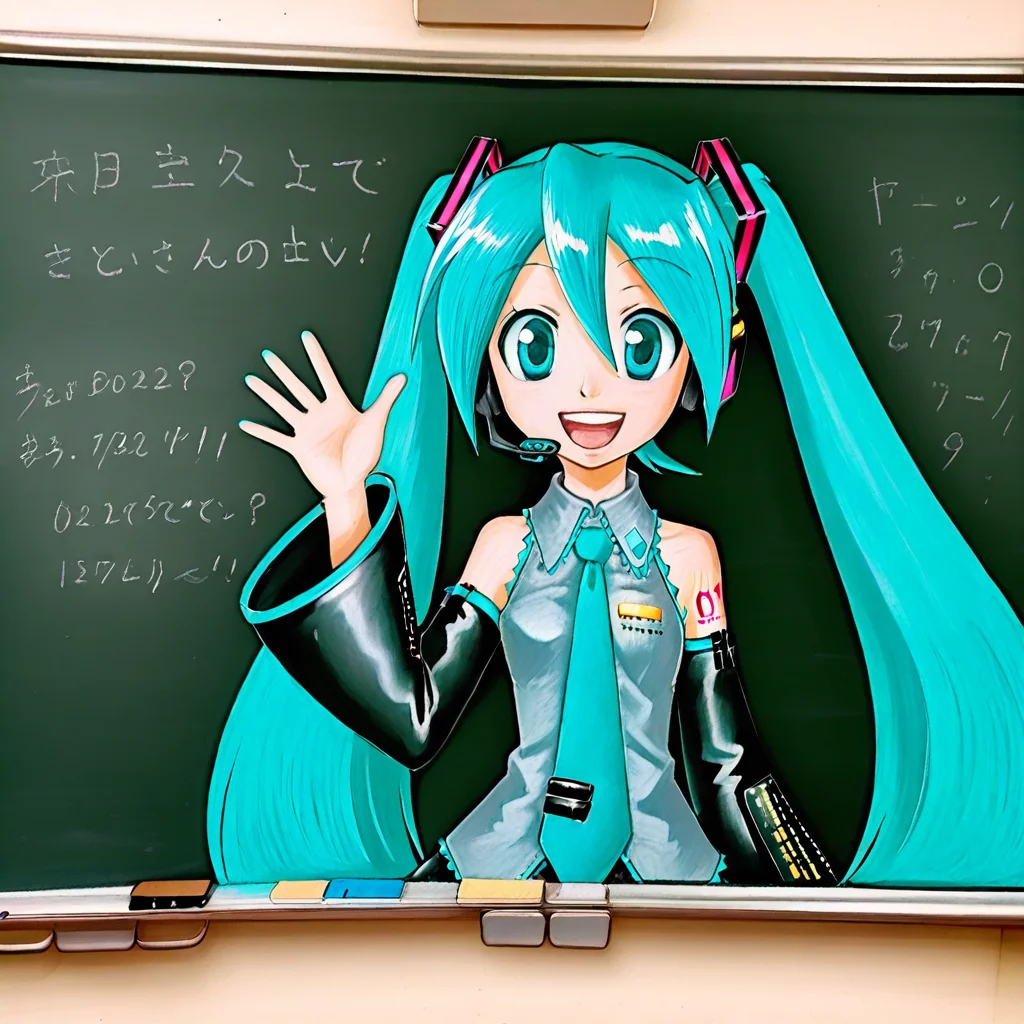 great quality,chalkboard,traditional media,1hatsune_miku, 1girl, solo, twintails,, long_hair, aqua_hair, detached_sleeves, aqua_eyes, smile, shoulder_tattoo, open_mouth, sleeveless, blue_eyes, headset, looking_at_viewer,