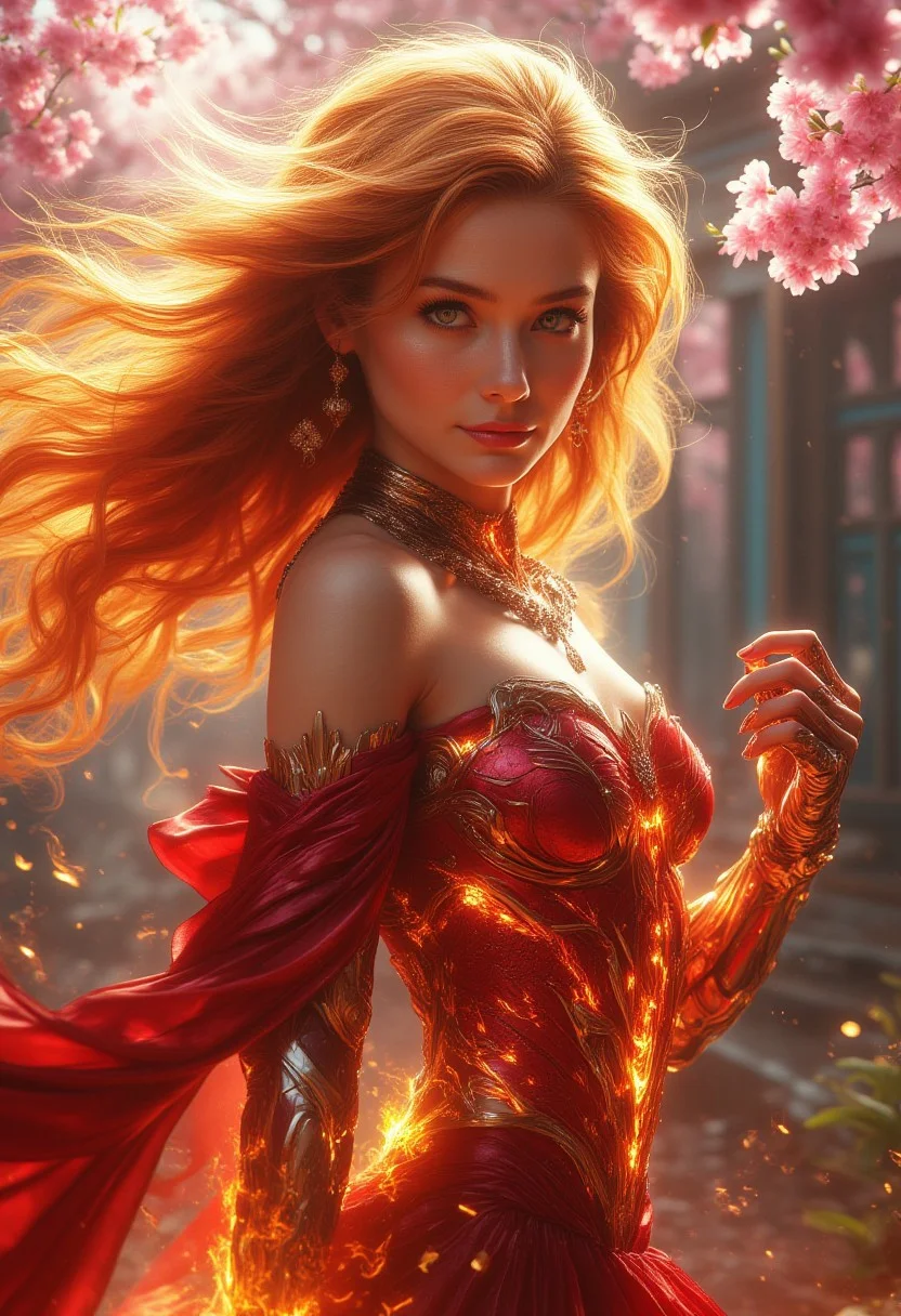 Fire Goddess emerges from a lush garden amidst blooming cherry blossoms. Her fiery locks dance in the gentle breeze as she poses in front of stunning architecture, her radiant red gown accentuating the beauty of her surroundings. The close-up portrait captures her fierce gaze and captivating smile, with subtle hints of flames licking her fingers, subtly conveying her powerful inner fire.
A subtle suit of armor featuring alien technology completes her body.