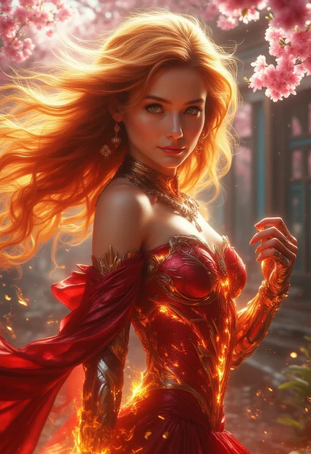 Fire Goddess emerges from a lush garden amidst blooming cherry blossoms. Her fiery locks dance in the gentle breeze as she poses in front of stunning architecture, her radiant red gown accentuating the beauty of her surroundings. The close-up portrait captures her fierce gaze and captivating smile, with subtle hints of flames licking her fingers, subtly conveying her powerful inner fire.
A subtle suit of armor featuring alien technology completes her body.