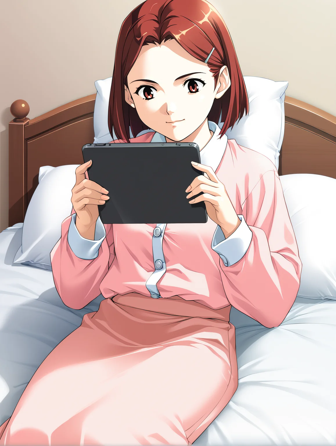 score_9, score_8_up, score_7_up, <lora:mikagura-v2-ponyxl:1>
chizue, red hair, hairclip, pink pajamas, long skirt
1girl, solo, bed, head on pillow, holding tablet pc, smile, looking down