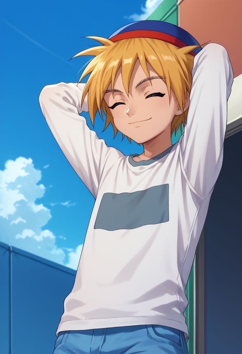 score_9, score_8_up, score_7_up, source_anime, highly detailed, 
kaito, 1boy, solo, closed eyes, smile, blonde hair, pants, hat, short hair, jeans, shirt, denim, hands behind head, upper body,
outdoor, sky, clouds,