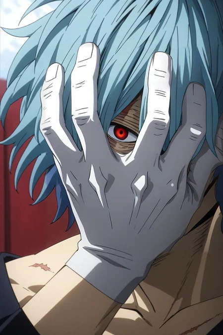 score_9, score_8_up, score_7_up, source_anime, rating_safe, intricate details, anime screencap, anime coloring, official style, looking at viewer, depth of field, 1boy, solo, male focus, <lora:tomura_shigaraki_pony:0.94>, tomura_shigaraki, blue hair, red eyes, bangs, hair between eyes, scar, scar on face, gloves, white gloves, covering face, disembodied limb, hand on own face, , , from afar, full body, apartment, day, sunny, knees up, :D, , <lora:sdxl_lightning_8step_lora:1>