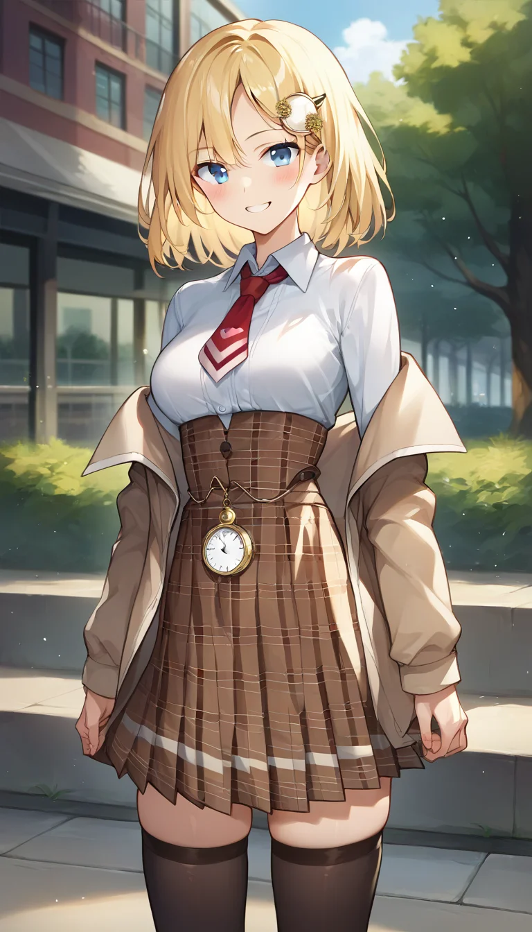 score_9,score_8_up,score_7_up,score_6_up BREAK official art,solo,outdoors,cowboy shot,looking at viewer,facing viewer,smile,blush,Watson Amelia,detective,brown headwear,blonde hair,medium hair,bob cut,monocle hair ornament,hair between eyes,parted bangs,blue eyes,collarbone,brown capelet,red necktie,short necktie,white shirt,collared shirt,medium breasts,skindentation,long sleeves,pocket watch,high-waist skirt,brown skirt,pleated skirt,plaid skirt,zettai ryouiki,thighs,black thighhighs,loafers,<lora:Watson Amelia(vtb)-Pony:1.4>,