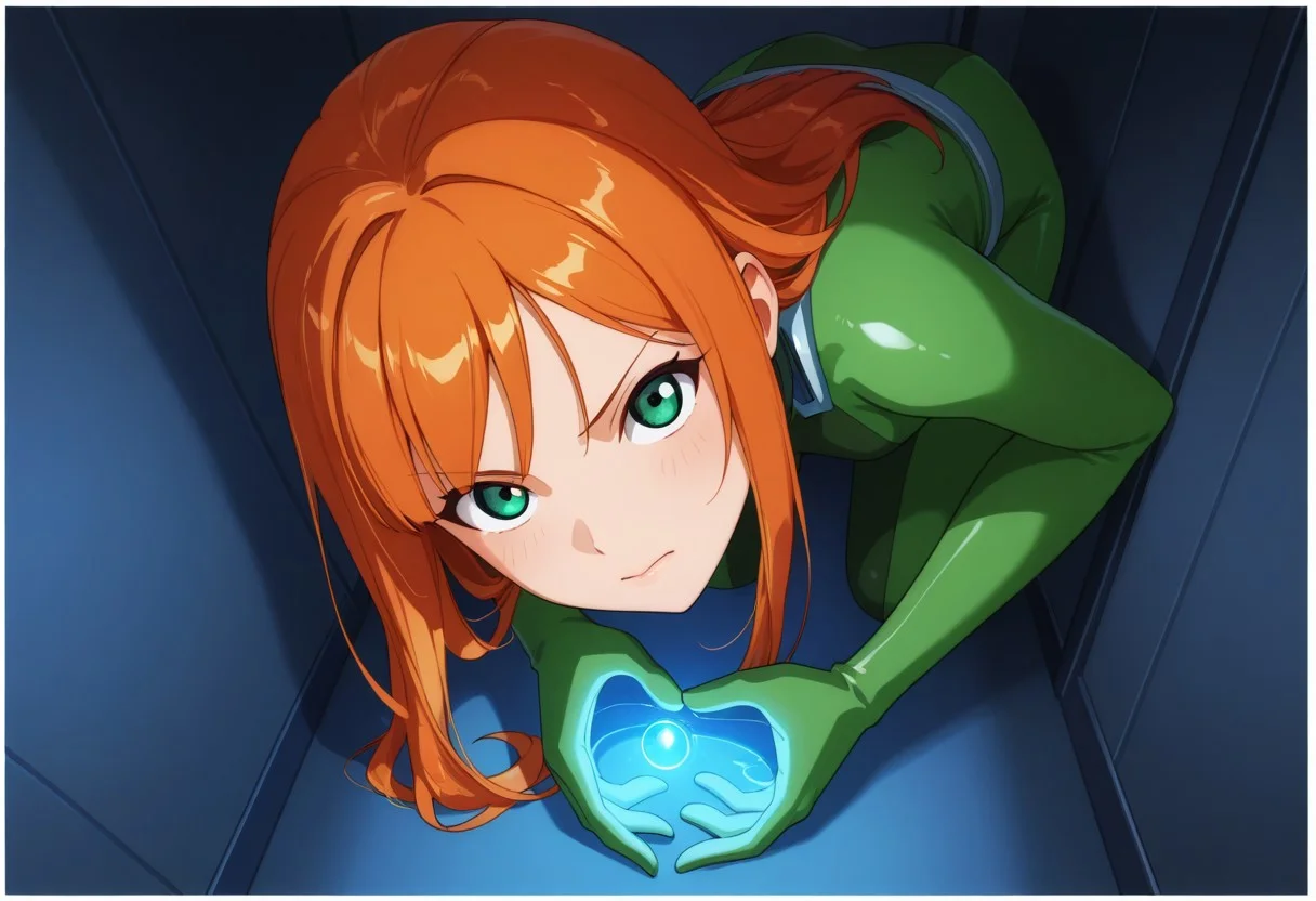 Score 9, Score 8, Score 7, Masterpiece, High Quality, Good Quality, Latest Model, High Resolution, Absurd, ((White Border)), Cinematic Lighting, High Contrast (Edge Light: 0.6), Dynamic Vision, <lora:illustriousXL_stabilizer_v1.23:0.3> <lora:NOOB_vp1_detailer_by_volnovik_v1:0.3> <lora:ponyv6_noobE11_2_adamW-000017:0.45> <lora:checkpoint-e18_s306:1.5> <lora:haiz_ai_illu:0.7>, Vibrant Colors, Bright Color, Dynamic Colors, Colorful Image, High Contrast, Saturated Colors, Thick Line, Bright Colors, Good Lighting, Color Saturation, Masterpiece, Best Quality, source_hentai,
Medium close-up,solo,1girl, (((full body))),
1girl, orange hair, long hair, (((detailed face))),Focused face, detailed body, green bodysuit,
hidden, behind a corner, blue hallway, looking at viewer, stealthy, stuck to the wall, gun-shaped hands, squat,
