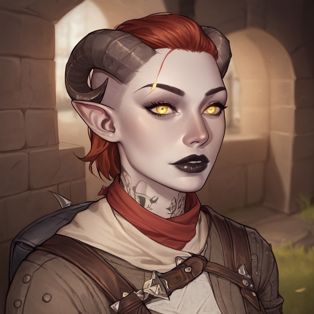 (((beautiful, high quality, perfect eyes, comics style, semi-realistic, perfect hands, detailed face))), score_9, score_8_up, score_7_up, BREAK solo, 1girl, 33y woman, (Tiefling, pointed ears, curved horns), ((pale gray skin:1.1)), ((hooked nose)), muscular, tattoos, fiery red hair, medium hair, unruly shaved side, Black lips, eyeshadows, yellow eyes, (flirting), BREAK a rogue wearing black torn coat, multiple belts, bandages, backpack, hood up, scarf, medieval inn, fantasy background, blurred background, easynegative, JIM EIDOMODE, Dungeons and Dragons 5th edition style illustration