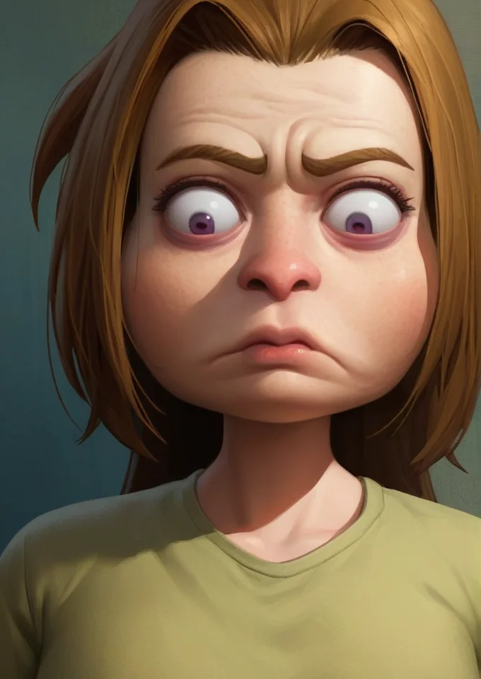 portrait, 1girl, tshirt, ponytail, haggard face, droopy eyes, sculpted lips, broad nose, soft jaw,