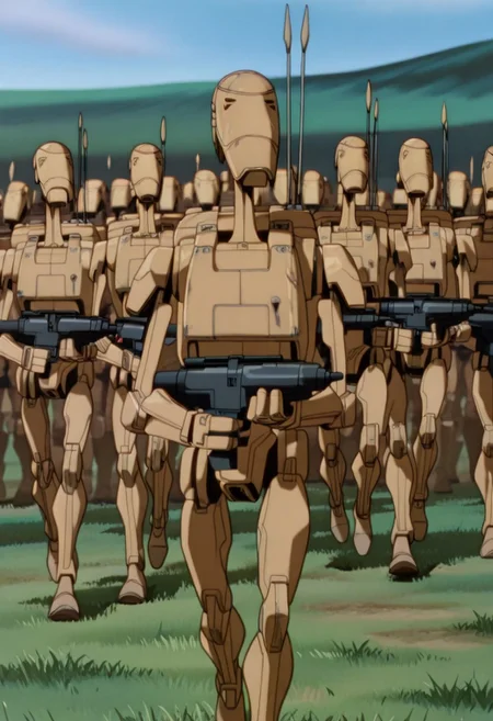masterpiece, best quality, absurdres, AWGXS, anime screenshot, retro artstyle,1990s (style), cel animation, no humans, b1bd, cl4nker, army, outdoors, grass