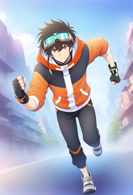 <lora:Sawyer_Tomura:1>,sawyer tomura,1boy,male focus,goggles,fingerless gloves,gloves,goggles on head,solo,black gloves,clenched hands,full body,running,looking at viewer,jacket,pants,shoes,hood down,orange-black hooded jacket,clenched hand,closed mouth,white-grey footwear,black-orange capri pants,wristwatch,official art,cityscape,masterpiece,high score,great score,absurdres,