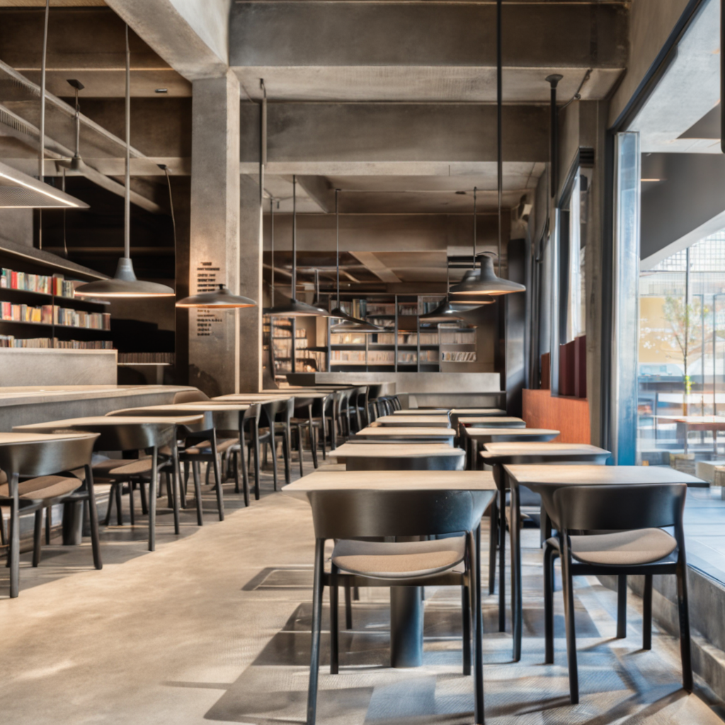 mrares,indoors,bookstore,concrete,industrial,mrares,a room with a lot of tables and chairs and a book shelf with books on it and a lot of books on the shelves,<lora:bookstore-xl:1>,