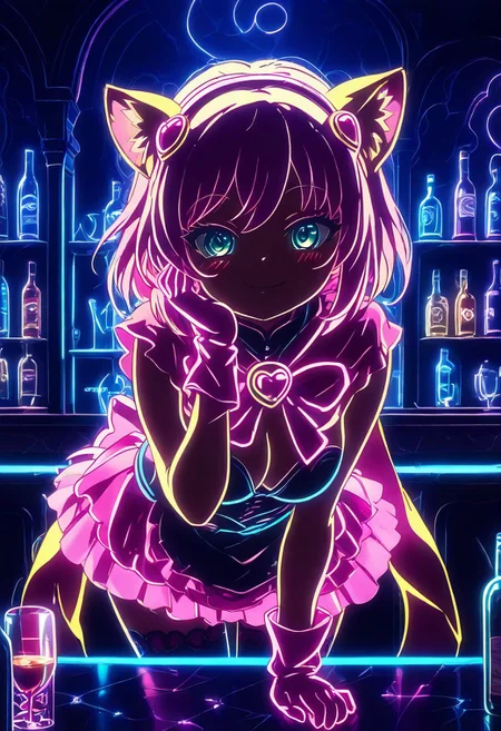 Expressiveh, score_9, score_8_up, score_7_up, score_6_up, score_5_up, score_4_up, godrays, 1girl, pose, smile, looking at viewer, hotel bar, neon, color lights, dim, night, (bent over table), face focus, sexy, ((holding a bottle of wine)), drunk, (glittering pastel clothing, glossy sparkling fabric) makeup, long eyelashes, glossy lipstick, blush, eyeshadow, hand on the cheek
(((rosia_(show_by_rock!!),))),