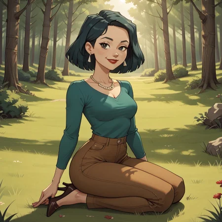 score_9, score_8, BREAK, solo, black hair, black eyes, red lips, lipstick, earrings, necklace, olive green shirt, long sleeves, brown pants, brown high heels, breasts, Heathers_Mother_(Total_Drama), cute, sexy pose, self portrait, smile, outdoors, sunlight, shadows, evening lighting, natural lighting, forest, trees, grass, orange sky, sunset