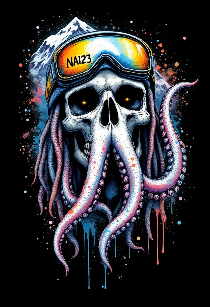 Create a detailed pencil sketch logo of skull, ink and pen, isolated on black background, ink drops, paint splatter, colorful that combines the following elements into a cohesive and harmonious design, perfect for a tattoo. The sketch should feature a realistic skull with dreadlocks, wearing snow goggles with 'NAI23' written on them. The skull is playing a saxophone, and in the background, there is a snowy mountain. The design should have a balanced visual focus between the octopus and the mountain, and the overall composition should be vertical