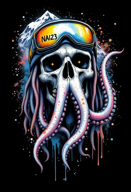 Create a detailed pencil sketch logo of skull, ink and pen, isolated on black background, ink drops, paint splatter, colorful that combines the following elements into a cohesive and harmonious design, perfect for a tattoo. The sketch should feature a realistic skull with dreadlocks, wearing snow goggles with 'NAI23' written on them. The skull is playing a saxophone, and in the background, there is a snowy mountain. The design should have a balanced visual focus between the octopus and the mountain, and the overall composition should be vertical