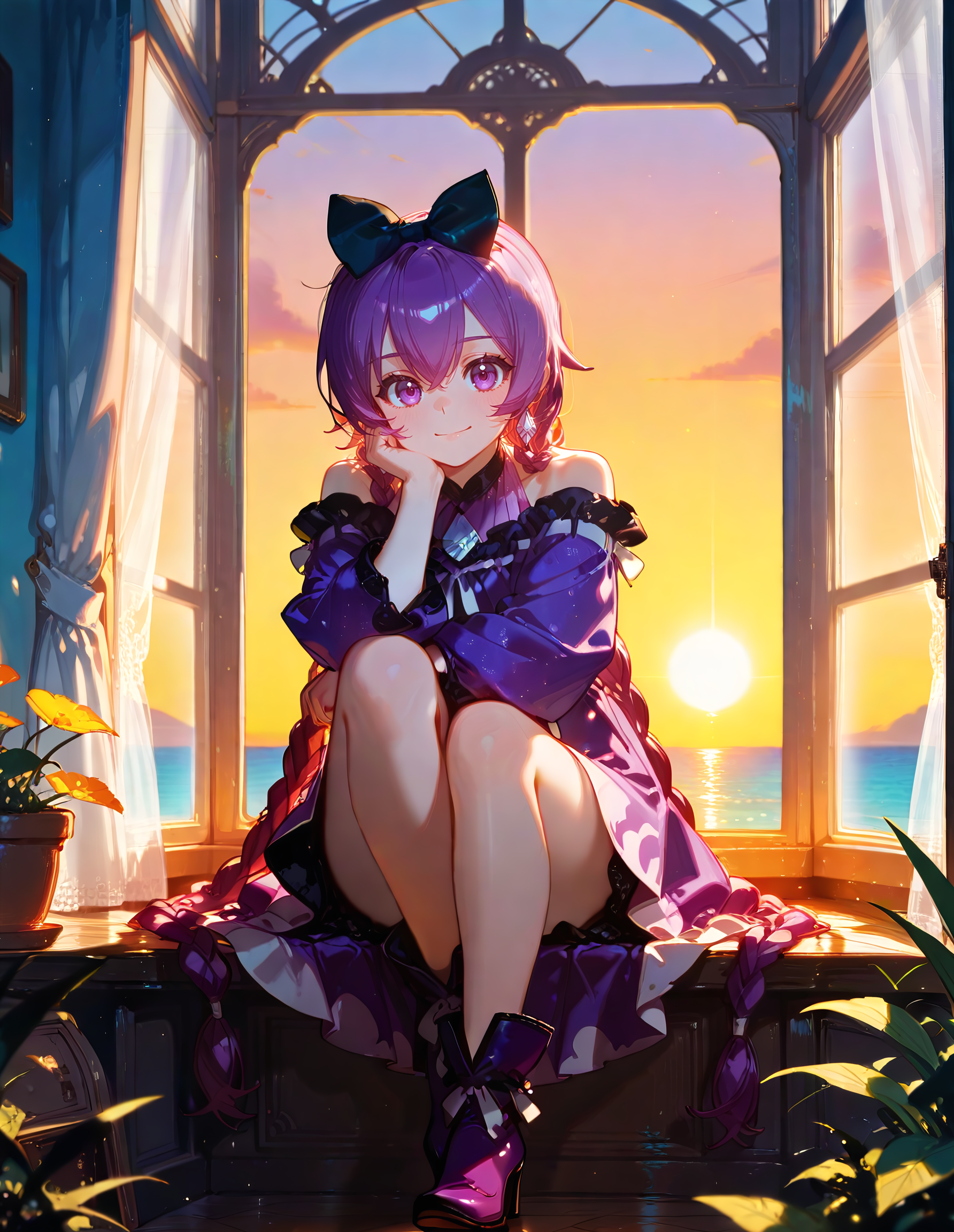 Smooth Quality <lora:mimiko_IL:1> mimiko, purple hair, long hair, twin braids, hair bow, purple eyes, jewelry, earrings, completeley nude, 1girl, closed_mouth, full_body, high_heels, indoors, looking_at_viewer, sitting, sky, smile, solo, sun, sunset, window, secluded_cliffside, ocean_view, gentle_breeze, grassy_terrain, panoramic_sunset, serene_environment, relaxed_pose, (ciloranko:1.4),, <lora:ck-Sommo-Concept-Art-IL:1> in the style of ckjs, detailed eyes, detailed face, detailed skin <lora:DetailedEyes_V3:1> <lora:cfg_scale_boost:0.7> <lora:SkindentationIL3.4_alpha16.0_rank32_full_400steps:5> <lora:ponyv6_noobE11_2_adamW:0.7>
