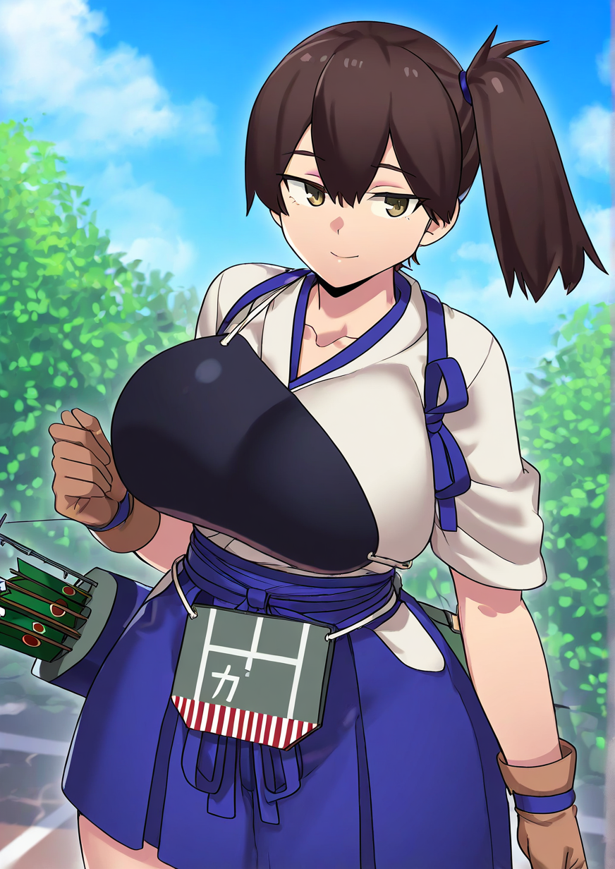 <lora:ê°ìì¹Potato_guy:1>,1girl, kaga \(kancolle\), huge breasts, wide hips, kantai collection, arrow (projectile), asymmetrical hair, blue ribbon, brown eyes, brown gloves, brown hair, closed mouth, collarbone, fletches, flight deck, gloves, hair tie, japanese clothes, kimono, looking at viewer, muneate, plant, quiver, ribbon, short sleeves, side ponytail, smile, solo, 
animated, dynamic angle,very awa, masterpiece, best quality, highres, absurdes,amazing quality,very aesthetic,intricate details,detailed background, <lora:hand 5.5:1>