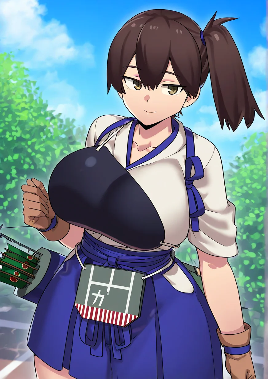 <lora:ê°ìì¹Potato_guy:1>,1girl, kaga \(kancolle\), huge breasts, wide hips, kantai collection, arrow (projectile), asymmetrical hair, blue ribbon, brown eyes, brown gloves, brown hair, closed mouth, collarbone, fletches, flight deck, gloves, hair tie, japanese clothes, kimono, looking at viewer, muneate, plant, quiver, ribbon, short sleeves, side ponytail, smile, solo, 
animated, dynamic angle,very awa, masterpiece, best quality, highres, absurdes,amazing quality,very aesthetic,intricate details,detailed background, <lora:hand 5.5:1>