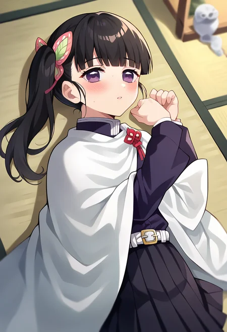 score_9, score_8_up, score_7_up, source_anime, masterpiece, 1girl, ct_k4n4o, purple eyes, black uniform, black skirt, pleated skirt, white cloak, red ribbon, white belt, long sleeves, looking at viewer, japanese house, indoors, depth of field, lying, on ground, tatami, blush, shiny hair, shiny skin,<lora:Kanao_Tsuyuri_ct:0.9>
