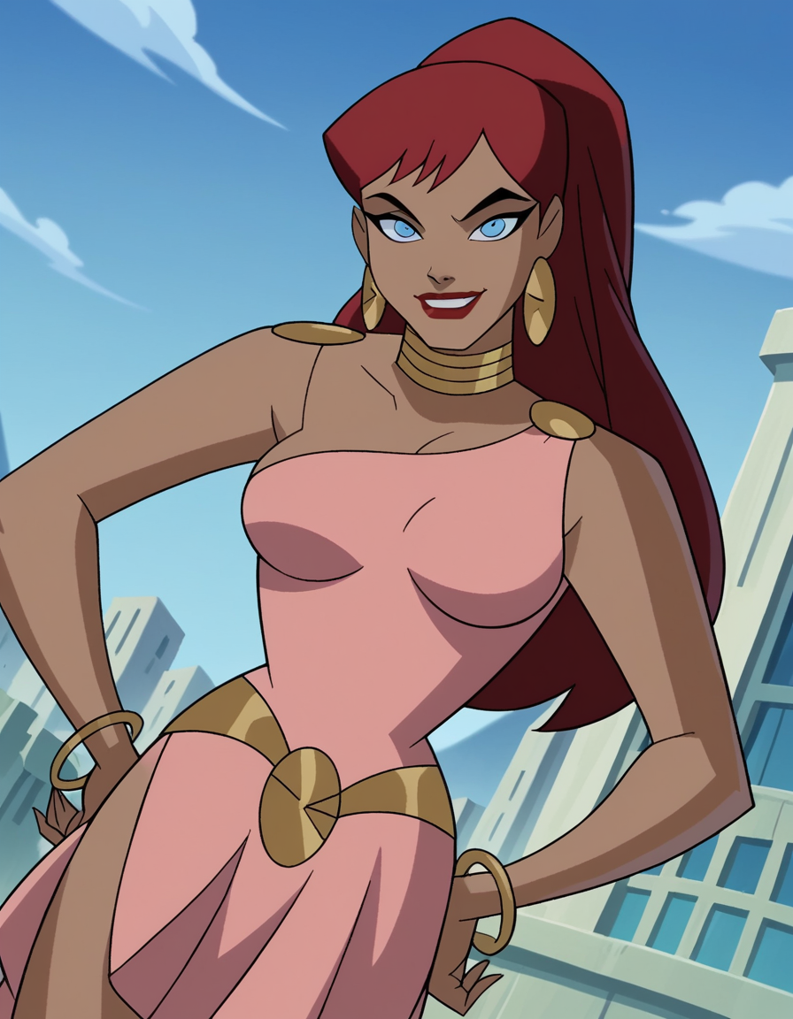 score_9, score_8_up, score_7_up, source_anime,
giganta, <lora:giganta-dcau-ponyxl-lora-nochekaiser:1>,
giganta, blue eyes, red hair, dark skin, dark-skinned female, makeup, lipstick, ponytail,
dress, jewelry, earrings, bracelet, pink dress,
outdoors, cityscape, hands on hips, smile,
looking at viewer, solo, dutch angle, cowboy shot,