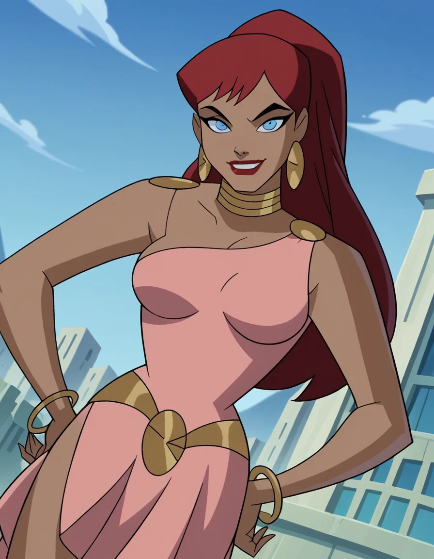 score_9, score_8_up, score_7_up, source_anime,
giganta, <lora:giganta-dcau-ponyxl-lora-nochekaiser:1>,
giganta, blue eyes, red hair, dark skin, dark-skinned female, makeup, lipstick, ponytail,
dress, jewelry, earrings, bracelet, pink dress,
outdoors, cityscape, hands on hips, smile,
looking at viewer, solo, dutch angle, cowboy shot,