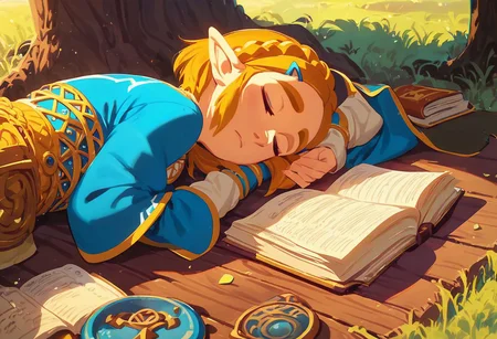 score_9, score_8_up, score_7_up, score_6_up solo, princess zelda, legend of zelda: breath of the wild, short hair, taking a nap under a tree on a hot day, sleeping, exhausted, official art, open book, on side
