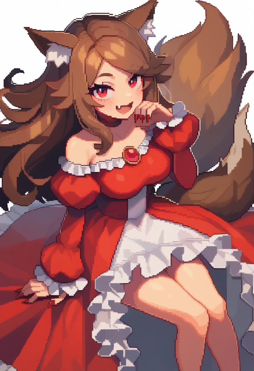 masterpiece,best quality,very aesthetic,absurdres,<lora:pixel_art_v2:1>,1girl, :d, animal_ears, blush, brown_hair, collarbone, commentary_request, dress, fang, feet_out_of_frame, fingernails, frilled_dress, frills, from_above, highres, imaizumi_kagerou, long_hair, long_sleeves, looking_at_viewer, medium_bangs, open_mouth, parted_bangs, pixel_art, red_brooch, red_dress, red_eyes, red_nails, sharp_fingernails, simple_background, skin_fang, smile, solo, tail, two-tone_dress, very_long_hair, white_background, white_dress, wolf_ears, wolf_girl, wolf_tail