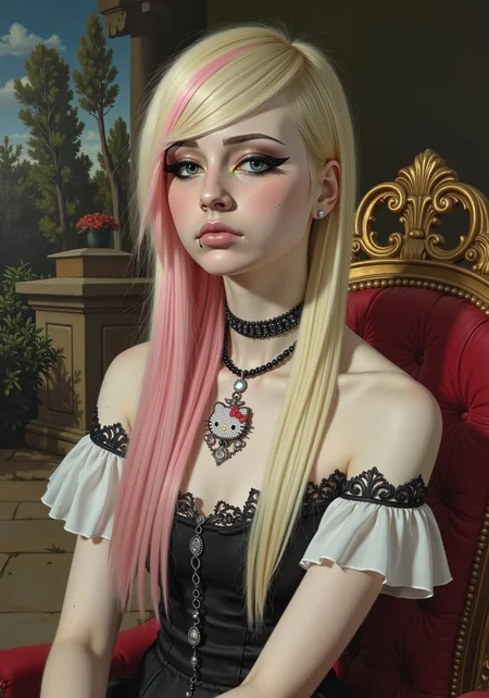 Emo_JBX, a detailed high renaissance oil painting portrait of a Emo_JBX scene young woman, she has a long emo haircut with long sideswept bangs that sweep diagonally across her forehead and frames her face, blonde hair with pink highlights, wearing a fancy dress, necklace with jewel encrusted hello kitty pendant, black eyeliner, long eyelashes, thin, pretty, sitting in a classical pose on a renaissance period chair with garden background, meticulously painted with visible brushtrokes<lora:cheats.safetensors:0.5:0.5> <lora:Emo_JBX_flux.safetensors:1:1>