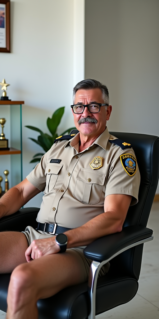 The image is a photograph of an older man with a muscular build, taken indoors. He is very handsome with a prominent mustache and glasses. The man has a stern expression on his face, with slightly furrowed eyebrows. He is wearing only a tiny thin low-rise g-string which reveals his muscular arms, shoulders extremely beefy pectorals, stocky muscular gut and hairy torso and hairy pubic hair. This photograph features a man seated in a modern, black leather armchair with a cushioned seat. He is dressed in a beige police uniform, which includes a short-sleeved shirt with several pockets and a distinctive emblem on the left shoulder. The uniform also has a badge and various insignia on the chest. He is wearing a belt and appears to be wearing a wristwatch on his left wrist. His facial expression is neutral, with a slight smile. The man has short, dark hair and is seated comfortably with his arms resting on the armrests of the chair.

The background of the image shows a clean, well-lit room with white walls and polished, light-colored flooring. To the left, there is a glass display case or cabinet containing trophies or awards on a wooden shelf. The room also features a framed picture on the wall above the man, which appears to be a certificate or a piece of artwork, though it's not fully visible. The overall setting suggests a professional or official environment, possibly an office or a police station. The lighting in the room is bright, indicating it's daytime, and the overall atmosphere is clean and organized. The man's attire and the setting imply he is a police officer, possibly in a supervisory or administrative role. but emphasize on his G-string which is very tiny very tight, very low-rise and he have very thick hairy pubic hair, and showing off his muscular gut and beefy strong pectorals hairy malay body.

<lora:FLUX1/Self Trained/malay 001.safetensors:1.0>, <lora:FLUX1/Self Trained/malay male 002.safetensors:1.0>, <lora:FLUX1/Self Trained/malay male 003.safetensors:1.0>, 
<lora:FLUX1/G-String-Flux_r1-000017.safetensors:1.0>, 